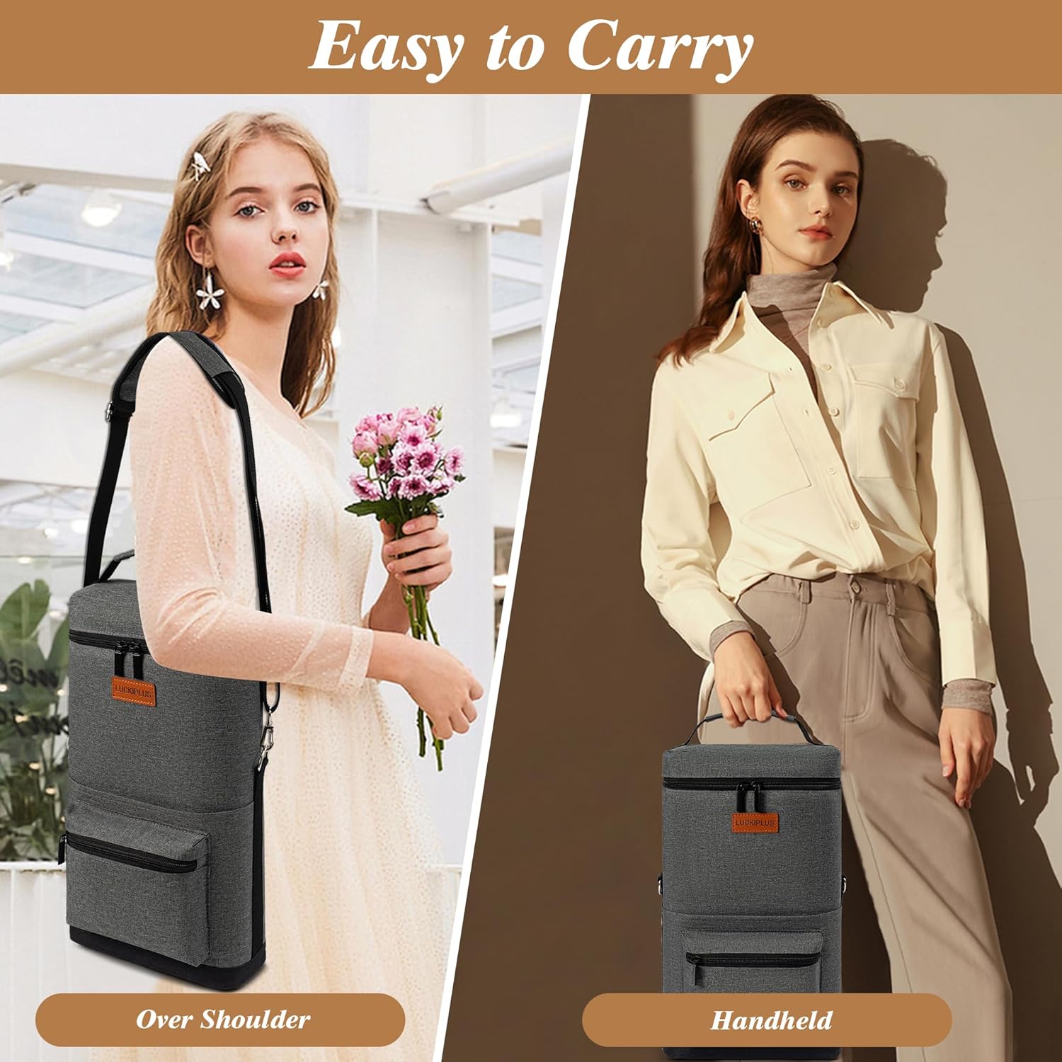 2 Bottle Wine Bag Carrier Tote, Portable Wine Cooler Bag with Padded Shoulder Strap, Versatile Liquor Case for Picnic Travel Birthday Party Coolest Gift for Women Men Wine Lovers Grey