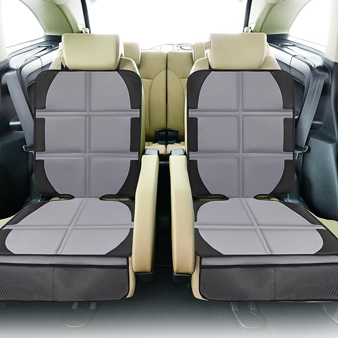 Car Seat Protector, 2 Pack Baby CarSeat Covers with Mesh Pockets & Non-Slip Backing 600D Durable Seat Protectors Under Car Seat for Baby(Gray, Large)-BubblyBeeBaby