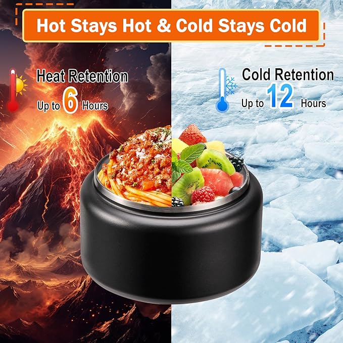 13.5oz Kids Jar for Hot Food, Insulated Vacuum Food Jar with Buckle Lid, Stainless Steel Wide Mouth Leak Proof Insulated Lunch Container for School Picnic Travel, Black-BubblyBeeBaby