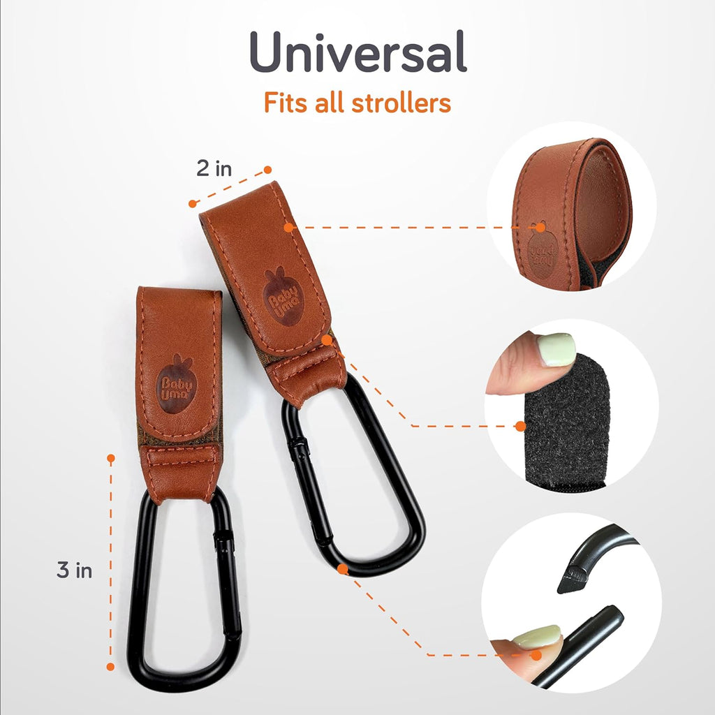 Baby Uma Stroller Hooks for Bags (2 Pack) - Leather-Style Stroller Clips and Hooks, Non-Slip Stroller Accessories, Carry 11 lbs Per Stroller Hook, Universal Baby Essentials & Stroller Accessories