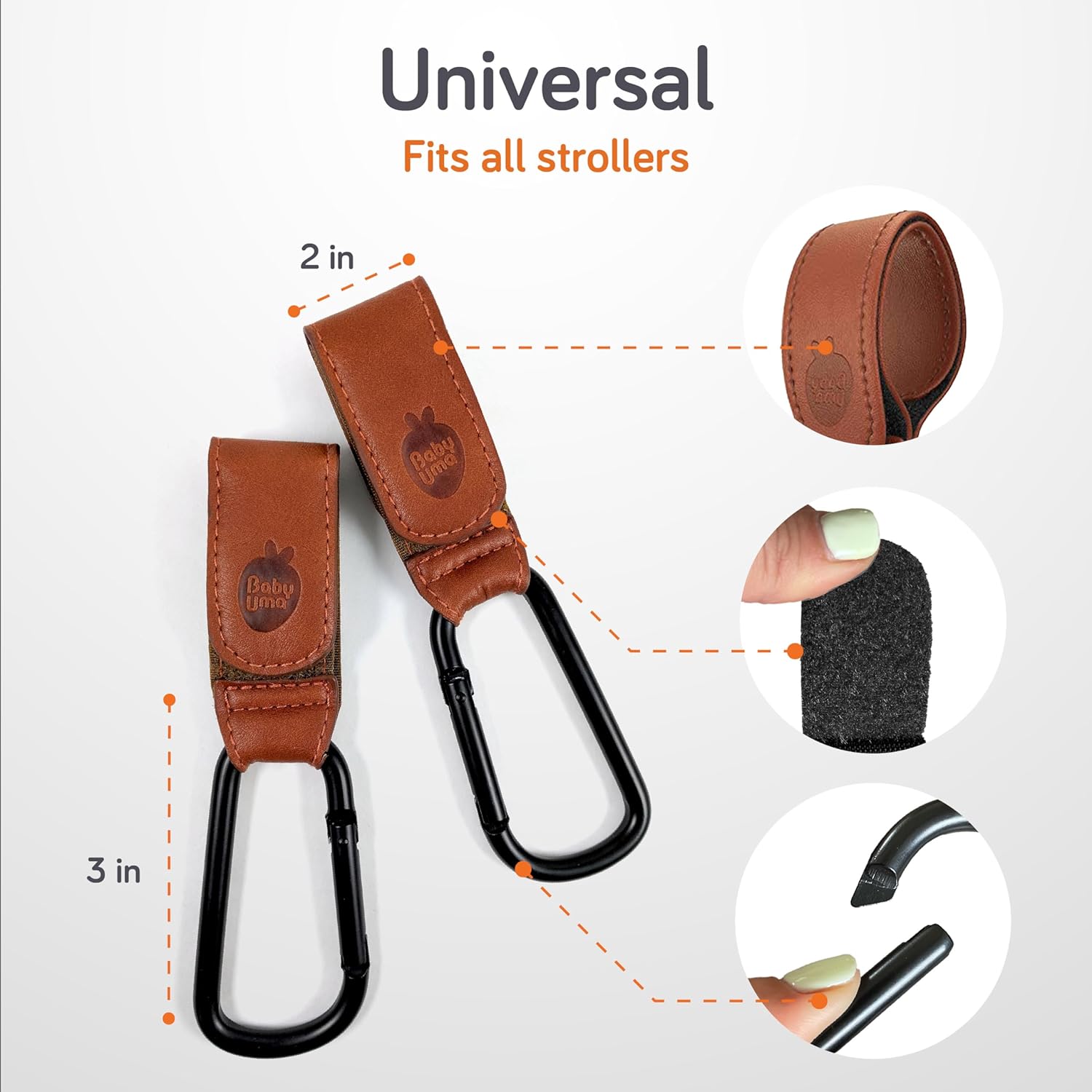 Baby Uma Stroller Hooks for Bags (2 Pack) - Leather-Style Stroller Clips and Hooks, Non-Slip Stroller Accessories, Carry 11 lbs Per Stroller Hook, Universal Baby Essentials & Stroller Accessories