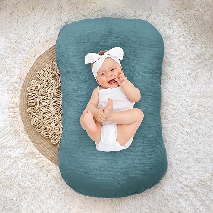 Hooyax Baby Lounger Cover 2 Pack - 100% Muslin Cotton Newborn Lounger Pillow Covers Only, Soft Breathable Infant Lounger Cover with Reinforced Stitching, Fits Most Standard Baby Loungers (Blue Ginger)-BubblyBeeBaby