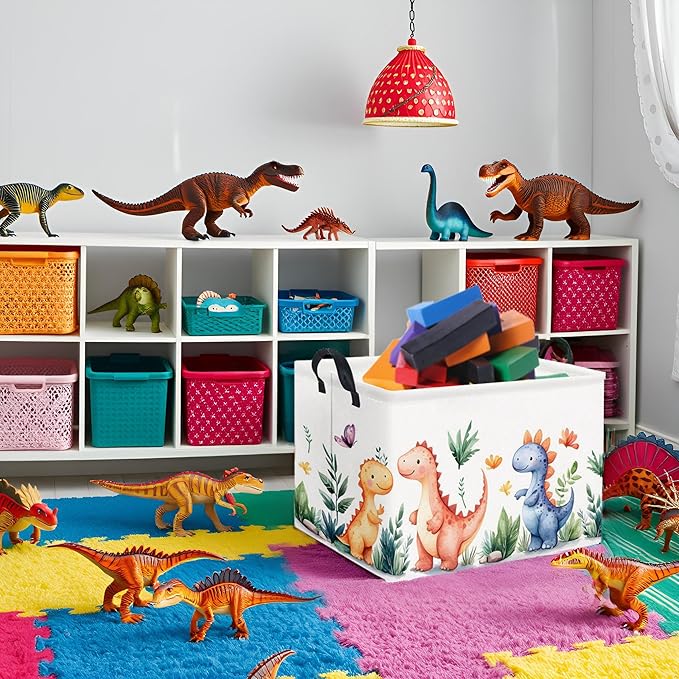 HIYAGON Rectangular Dinosaur Basket Kids Baby Storage Bin Toy Basket Organizer Box for Boys Dinosaur Room Decor(Colorful Dinosaur)-BubblyBeeBaby