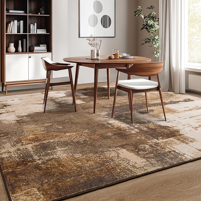 Kelarea Living Room Rug, 9x12 Rug Modern Abstract Washable Rugs, Brown Vintage Low Pile Carpet, Non Slip Large Rugs for Bedroom, Dining Room, College Dorm, Home Office-BubblyBeeBaby