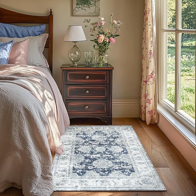 jinchan Floral 3x5 Area Rugs for Entryway - Machine Washable Taupe Vintage Distressed Design Doormat Non-Slip Ultra-Thin Low Pile Boho Rug for Kitchen Living Room Bedroom Farmhouse (3‘x5',Dark Blue)-BubblyBeeBaby