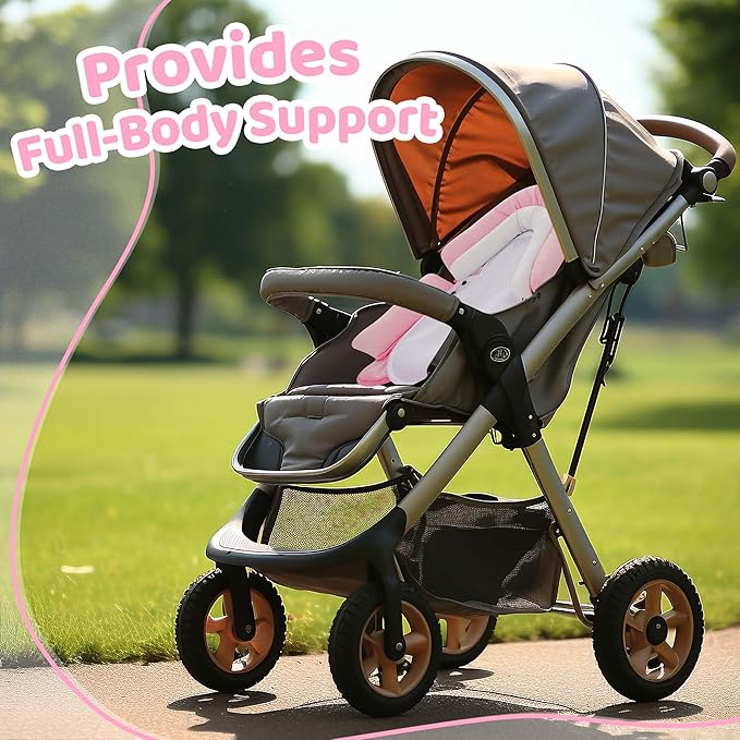 Pro Goleem Breathable 3-in-1 Baby Car Seat Head Support, Soft Infant Car Seat Insert, Carseat Cushion for Newborn, Perfect for Car Seat, Strollers, Swings, Carrier, Bouncer, Pink and White-BubblyBeeBaby