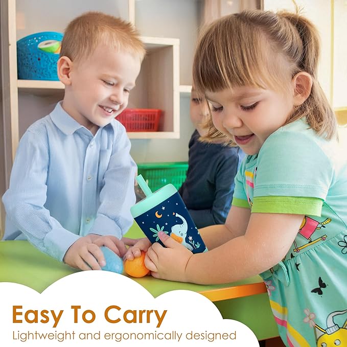 Kid Insulated Stainless Steel Tumbler with Silicone Straw, 12oz Sippy Cup for Kids (Dreamy Elephant)-BubblyBeeBaby