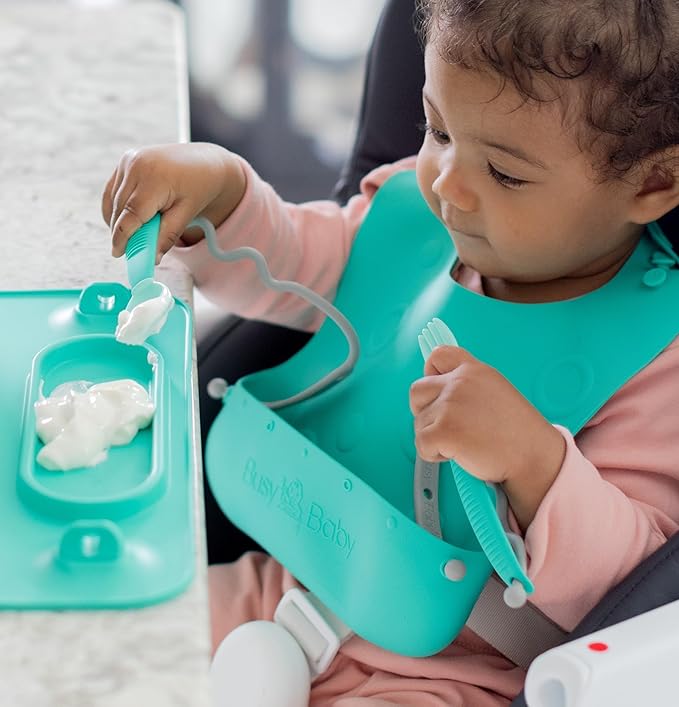 BUSY BABY Bungee Bib & Utensil Set – Adjustable Silicone Bib with Pocket & Tethered Utensils for Babies & Toddlers-BubblyBeeBaby