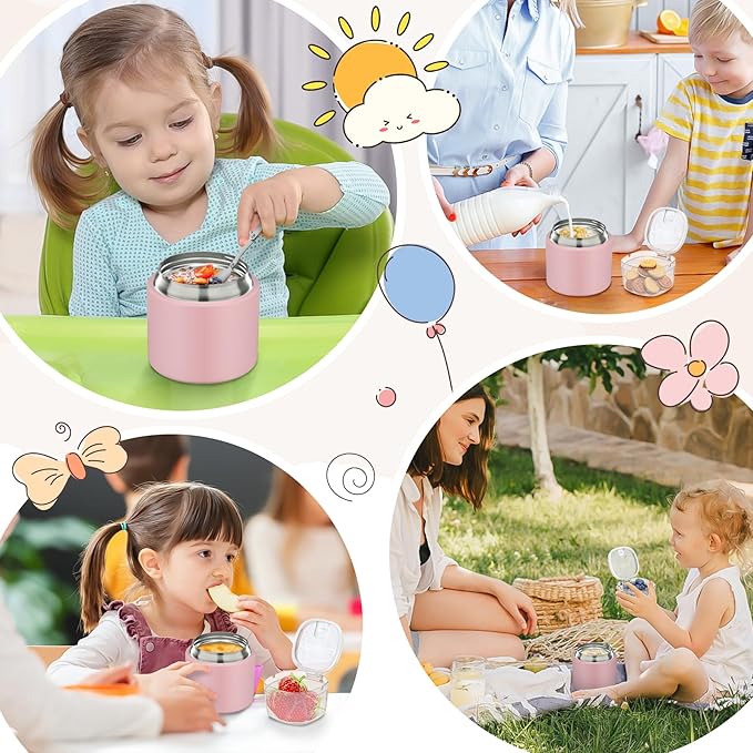 2 - in - 1 Soup Thermo for Hot Food 14oz with Snack Box Container Leak Proof Insulated Lunch Container Kids and Adults Stainless Steel Double Wall Vacuum Wide-mouth Thermal with Spoon and Handle-BubblyBeeBaby
