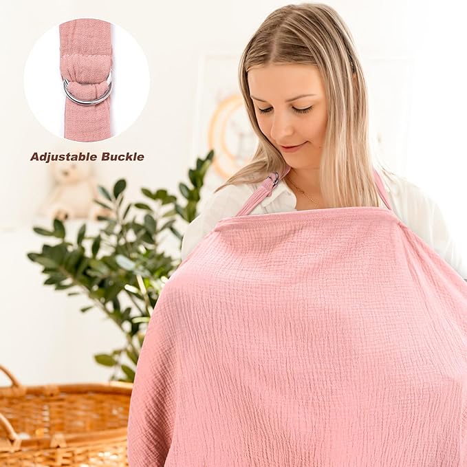 2 Pack Muslin Cotton Nursing Cover for Breastfeeding, Privacy Breathable Breastfeeding Cover Cover up with Arch Neckline for Mom, 100% Cotton Nursing Apron, Floral and Pink-BubblyBeeBaby