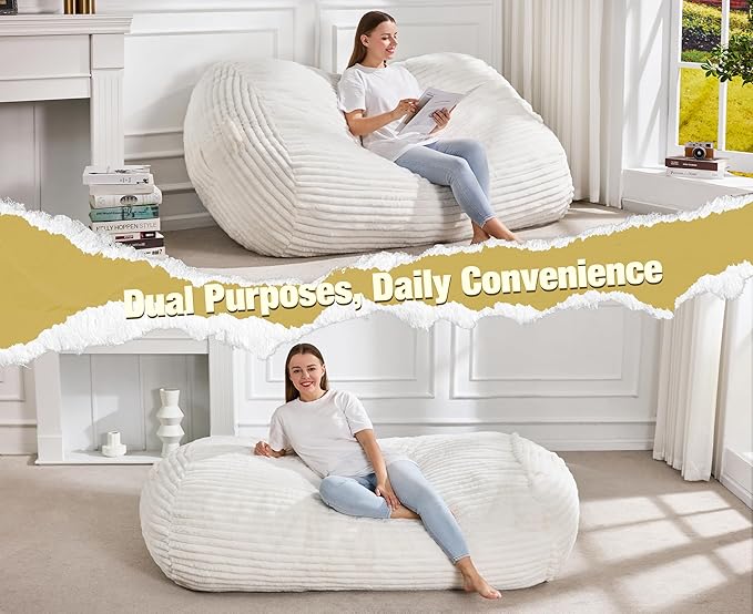 Hobestluk 5FT Bean Bag Chairs Adult Bean Bag with Portable Handle Comfy Large Bean Bag Lounge Chair with Removable Cover for Living Room Bedroom (Stripe White, 5FT)-BubblyBeeBaby