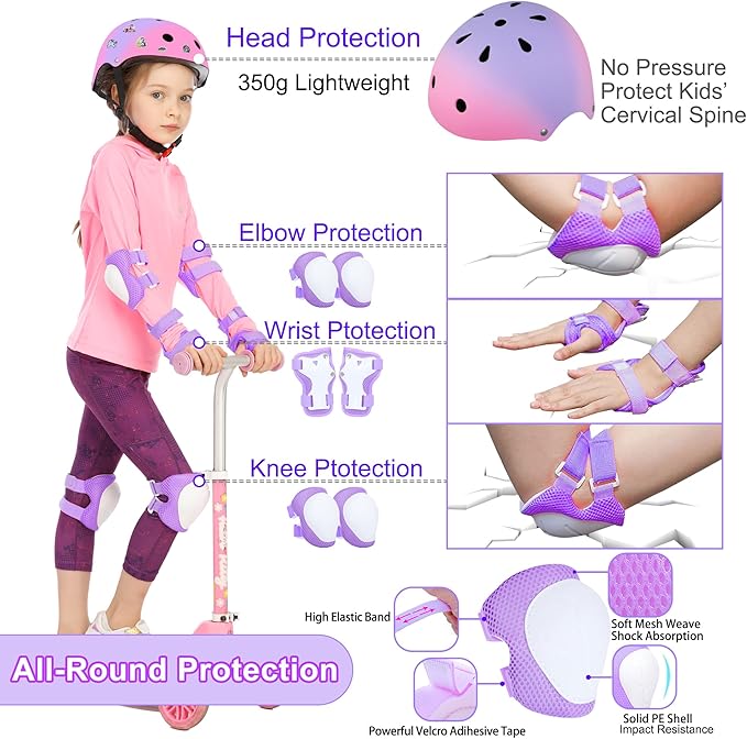 Kids Bike Helmet with DIY Stickers and Knee Pads Elbow Pads Wrist Guard Set for Ages 3-8-14 Toddler Boys Girls Helmet for Roller Skates Cycling Skateboarding Bicycle Scooter-BubblyBeeBaby