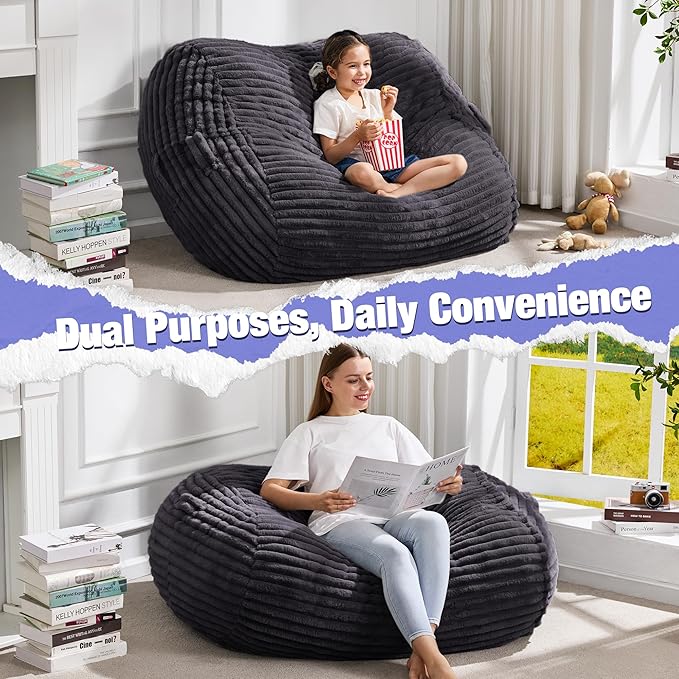 Hobestluk 3FT Bean Bag Chairs Adult Bean Bag with Portable Handle Comfy Large Bean Bag Chair with Removable Cover for Living Room Bedroom or Reading Nook (Stripe Dark Grey, 3FT)-BubblyBeeBaby