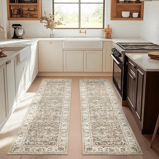 jinchan Runner Rug 3x8-2pcs Kitchen Washable Vintage Hallway Rug Floral Print Floor Cover Indoor Thin Retro Mat Accent for Bathroom Laundry Room Bedroom Office Farmhouse (Double,Taupe)-BubblyBeeBaby