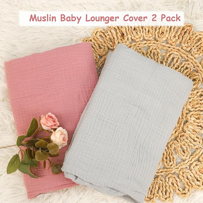 Hooyax Baby Lounger Cover 2 Pack - 100% Muslin Cotton Newborn Lounger Pillow Covers Only, Soft Breathable Infant Lounger Cover with Reinforced Stitching, Fits Most Standard Baby Loungers (Grey Pink)-BubblyBeeBaby