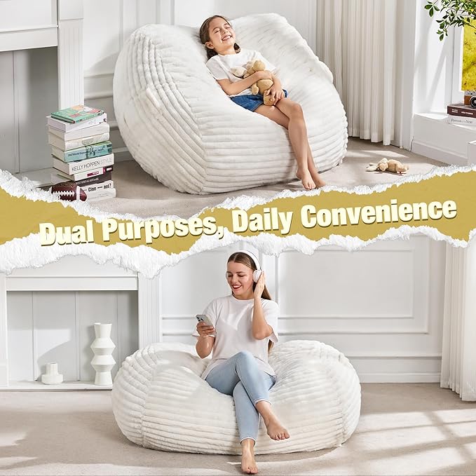 Hobestluk 3FT Bean Bag Chairs Adult Bean Bag with Portable Handle Comfy Large Bean Bag Chair with Removable Cover for Living Room Bedroom or Reading Nook (Stripe White, 3FT)-BubblyBeeBaby