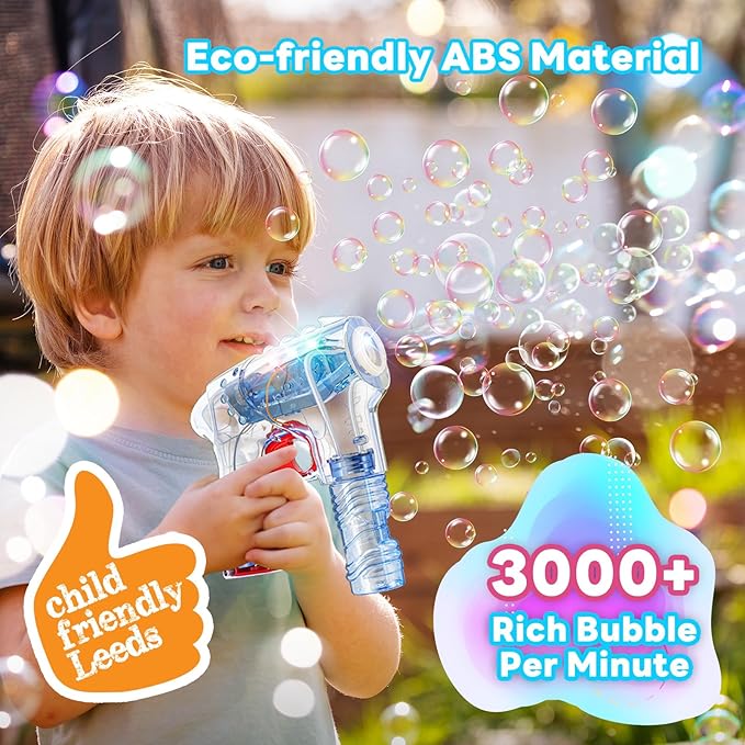 Kid Odyssey 2 Pack Bubble Gun with 4 Refill Solution and 3 Colorful LED Light, Bubble Machine for Kids, Bubble Maker for Party Favors, Birthday Gift, Indoor Outdoor Toys for Toddlers-BubblyBeeBaby