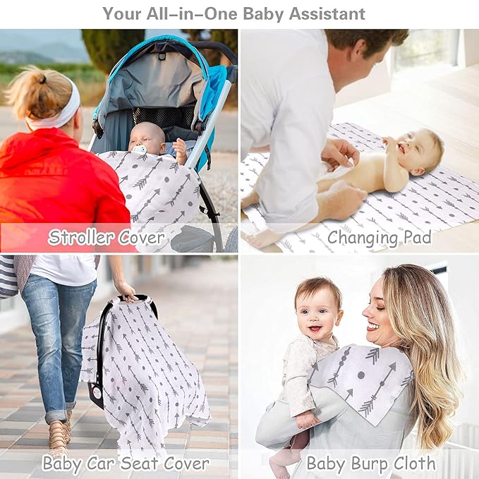 Rquite Car Seat Covers for Babies, 100% Muslin Carseat Cover Boys Girls, Lightweight Infant Car Seat Canopy, Soft Breathable Baby Carrier Cover, Summer Stroller Cover (Grey Arrow)-BubblyBeeBaby