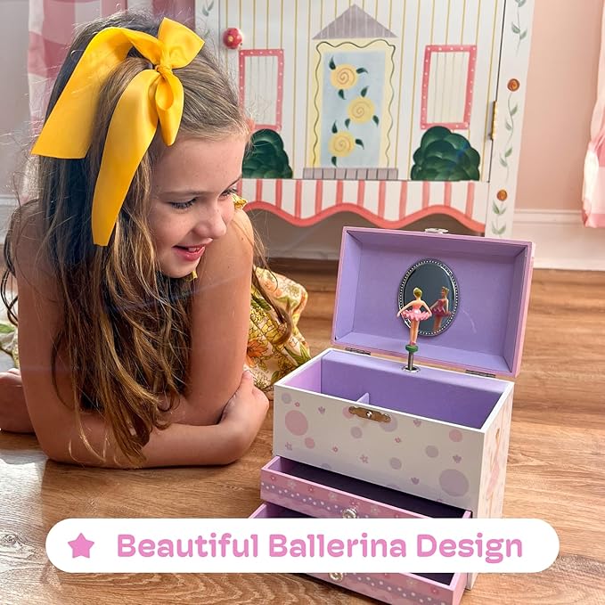 Jewelkeeper Jewelry Box for Girls with Ballerina and Music Box - Dual Drawers and Spacious Storage - Swan Lake Tune - White and Purple Jewelry Keepsake Chest - 6 x 6.75 x 5.25 Inches-BubblyBeeBaby