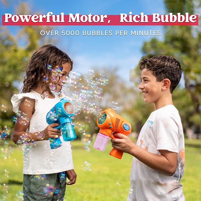 JOYIN 2 Bubble Guns with 2 Refill Solution (10 oz Total), Automatic Bubble Maker Blower Machine for Kids, Toddlers, Outdoors, Party, Birthday Gift, Easter Toys (Blue, Orange)-BubblyBeeBaby