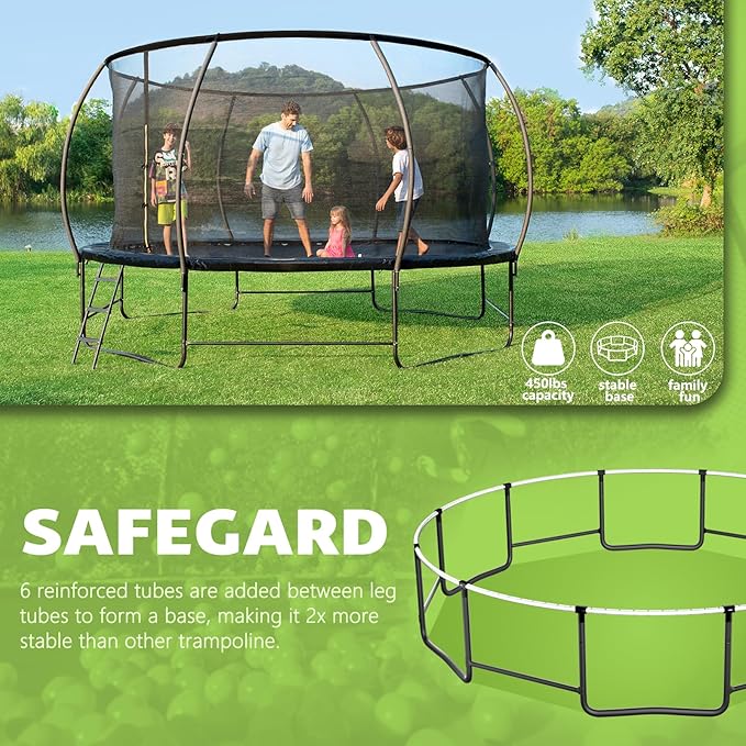 14FT 12FT 10FT 16FT Trampoline with Safety Enclosure, Anti-Rust Coating – ASTM Certified, Heavy-Duty Outdoor Trampoline with Ladder – for Kids & Adults-BubblyBeeBaby