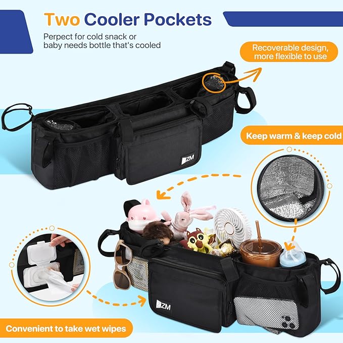ZZM Double Stroller Organizer for Bob Duallie and Baby Jogger City Mini GT2, Double Baby Stroller Accessories with 2 Cooler Pockets, Parent Console Double Jogging Stroller Organizer(Empty Bag)-BubblyBeeBaby