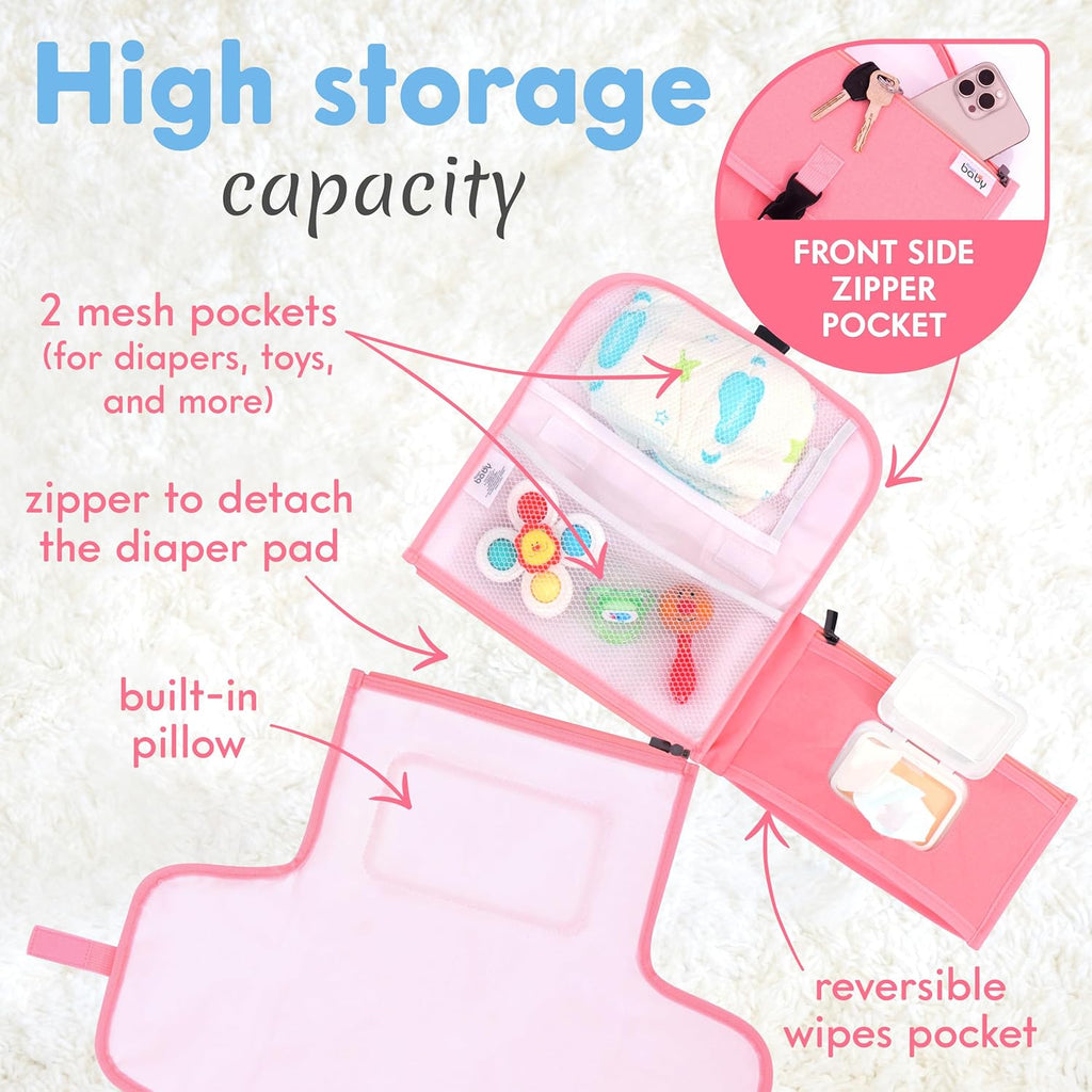 Kopi Baby Portable Diaper Changing Pad - Baby Diaper Changer Travel Bag with Wipes Pocket, Smart Design Portable Changing Mat, Infant Travel Station Kit, Gift for Newborn Girl & Boy - Pink, Classic