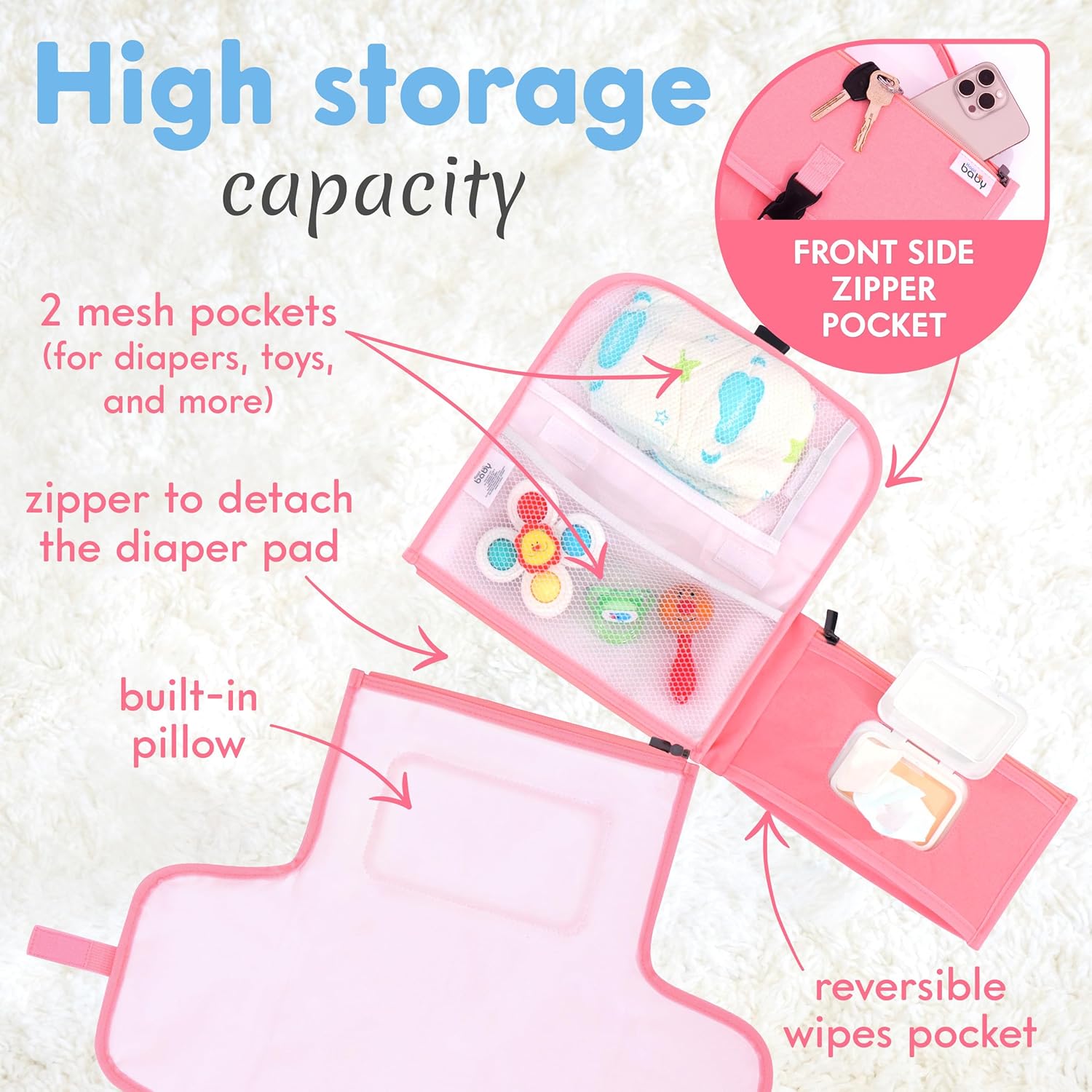 Kopi Baby Portable Diaper Changing Pad - Baby Diaper Changer Travel Bag with Wipes Pocket, Smart Design Portable Changing Mat, Infant Travel Station Kit, Gift for Newborn Girl & Boy - Pink, Classic