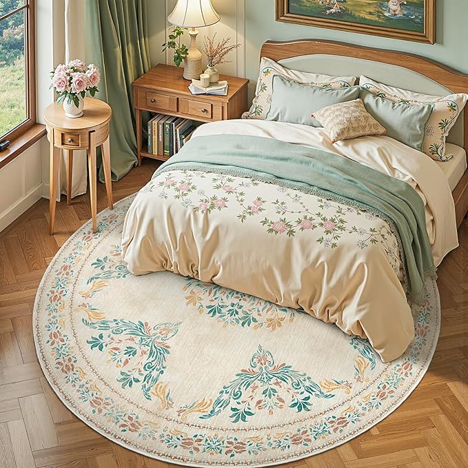 jinchan Round Rug 7ft Area Rugs,Vintage Floral Distressed Design Machine Washable Soft Non-Slip Low-Pile Ultra-Thin Circle Rug for Living Room Dining Room Bedroom Home Office (7' Round,Apricot Multi)-BubblyBeeBaby