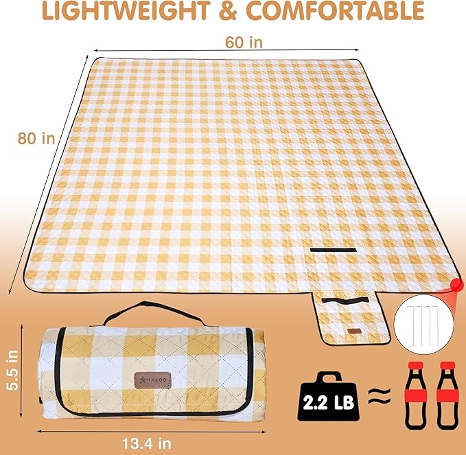 HX&OD Outdoor Picnic Blanket, Extra Large, 80''x60'' Waterproof Foldable Blankets Gingham Picnic Mat for Beach, Camping Grass Lawn Park Accessories Cute Couple Ideas Wedding (Yellow, 80”x60”)-BubblyBeeBaby
