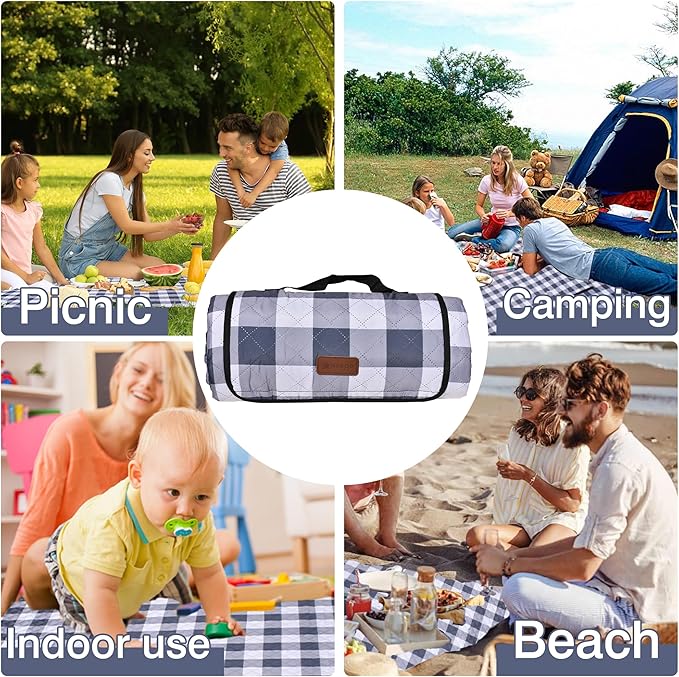 HX&OD Outdoor Picnic Blanket, Extra Large, 80''x80'' Waterproof Foldable Blankets Gingham Picnic Mat for Beach, Camping Grass Lawn Park Accessories Cute Couple Ideas Wedding (Gray, 80”x80”)-BubblyBeeBaby