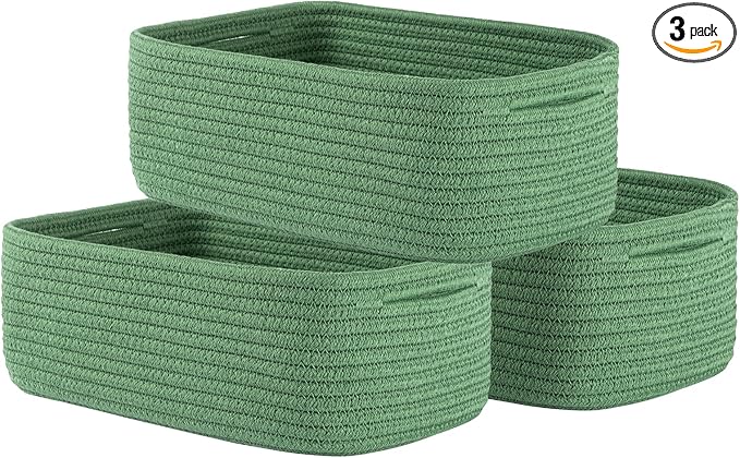 KALLAX Small Woven Basket, 12 x 8 x 4.5 Inches, Storage Basket for Organizing, Cute Small Rope Shelf Closet Cube Storage Bins Baskets for Shelves, Dog Toy Gift Baskets Empty, 3 Packs, Green-BubblyBeeBaby