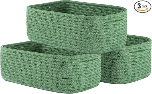 KALLAX Small Woven Basket, 12 x 8 x 4.5 Inches, Storage Basket for Organizing, Cute Small Rope Shelf Closet Cube Storage Bins Baskets for Shelves, Dog Toy Gift Baskets Empty, 3 Packs, Green-BubblyBeeBaby