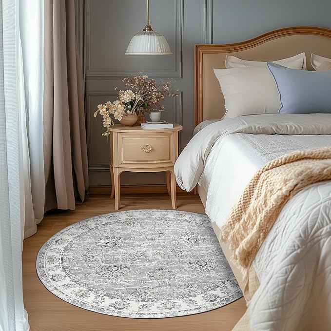 jinchan Round Rug 4ft Area Rugs Vintage Floral Distressed Design - Machine Washable Non-Slip Low-Pile Ultra-Thin Circle Rug for Entryway Bedside Living Room Dining Room Bedroom (4' Round,Grey)-BubblyBeeBaby