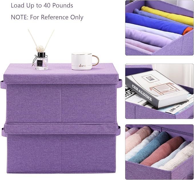 HOONEX Foldable Storage Bins with Lids, Pack of 2, Storage Boxes with 2 Carrying Handles and Sturdy Heavy Cardboard, 16.5" L x 11.8" W x 7.5" H for Shoes, Books, Clothes, Purple-BubblyBeeBaby