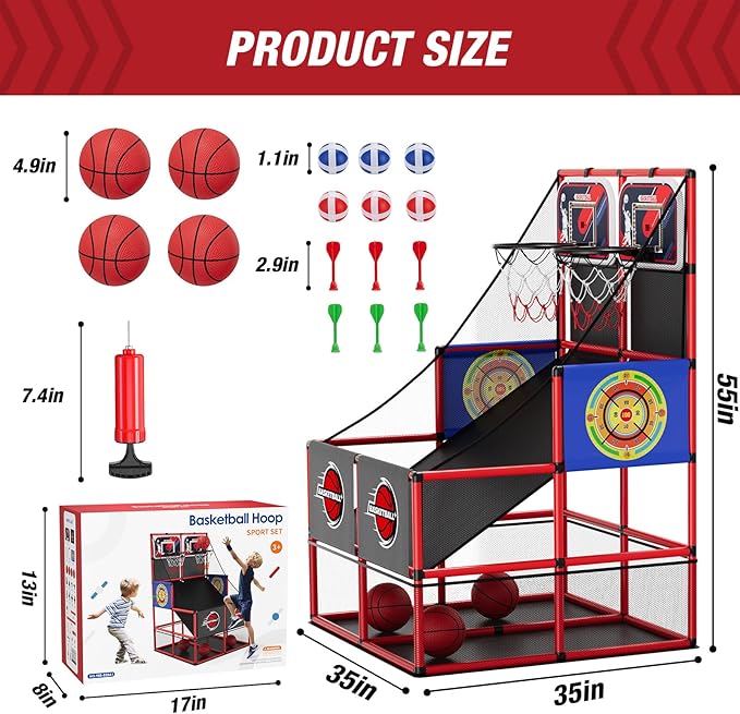 2 in 1 Dual Shot Basketball Arcade Game with 2 Dart Boards/Electronic Scoreboard/LED Light, Kids Basketball Hoop for Home Indoor Outdoor, Sport Toys Gifts for Boys Girls-BubblyBeeBaby