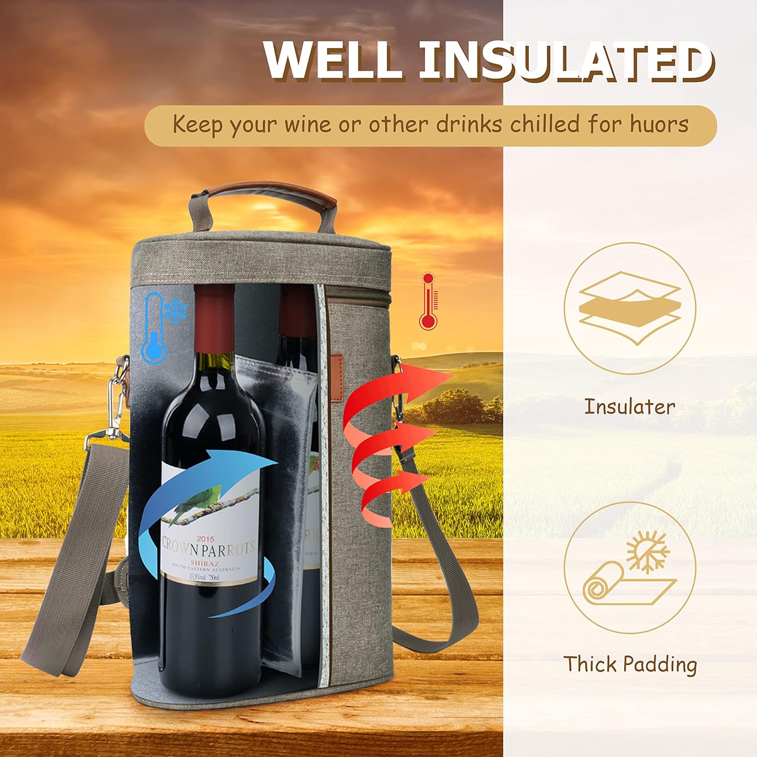 Tirrinia 2 Bottle Wine Gift Tote Carrier - Leakproof & Insulated Padded Versatile Wine Cooler Bag for Travel, BYOB Restaurant, Wine Tasting, Party, Dinner,Gift for Wine Lovers,Grey