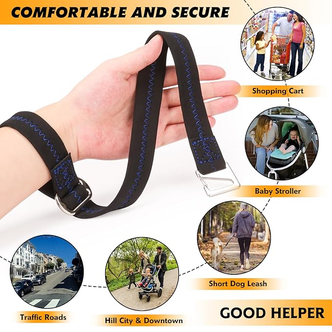 Baby Stroller Wheelchair Safety Wrist Strap or Large Dog Leash, Second Layer Security for Retractable Dog Leash, Black with Blue Stitching-BubblyBeeBaby