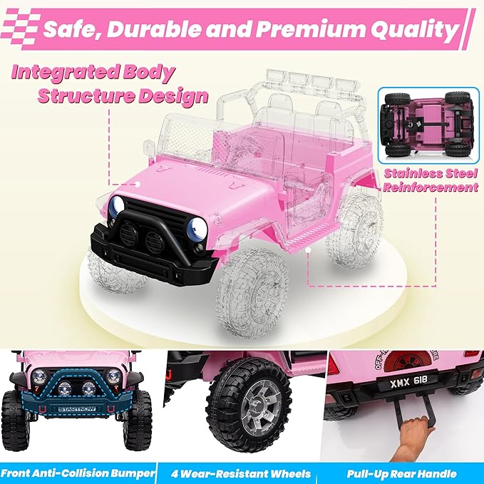 24V 4WD Ride on Truck Car w/800W Motors, Gift Flower, Remote Control, 2 Seaters, Light Bar, 3 Speeds, Pop Music, Power Four Wheels, 25 Volt Ride on Toy Car for Big Kids, Pink-BubblyBeeBaby
