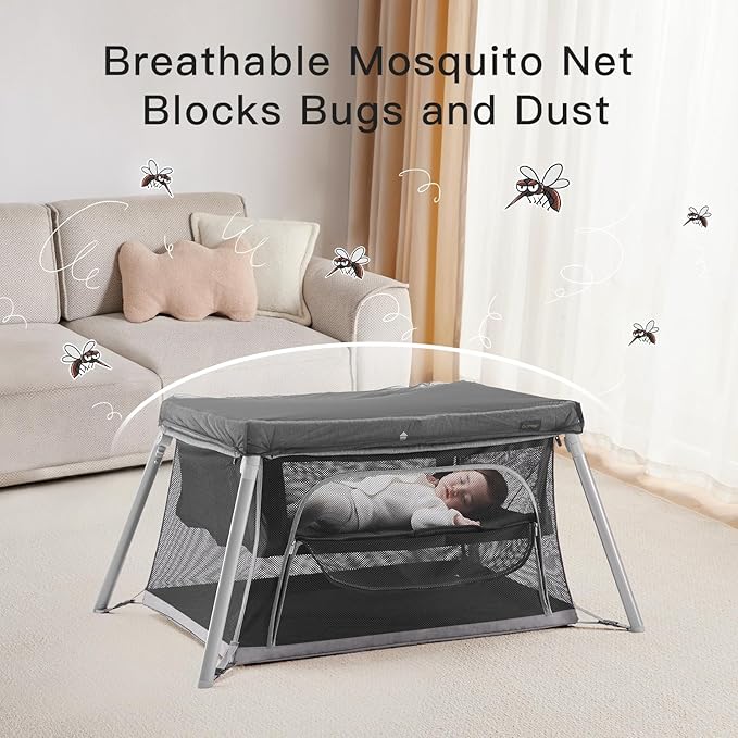 2 in 1 Portable Travel Crib for Toddler, Foldable Crib for Baby, Lightweight Playpen Collapsible Playard with Soft Mattress, Easy to Carry Baby Travel Bed for Outdoor, Indoor (Grey)-BubblyBeeBaby