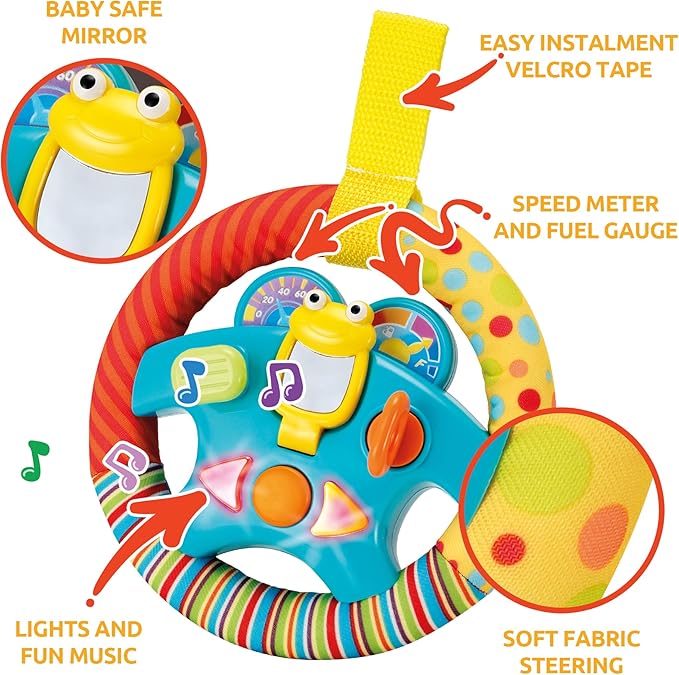 KiddoLab Steering Wheel Toy with Music,Lights,Sounds & Flip Up Mirror - Crib & Stroller Toys with Soft Fabric and Velcro Tap for Easy Attachment. Car Seat Toys for Babies and Toddlers. Ages 3 Months+-BubblyBeeBaby