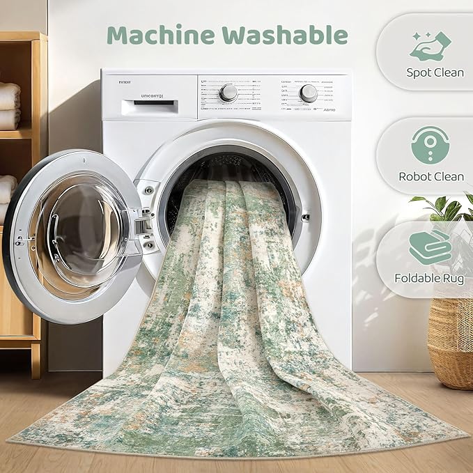 10x12 Area Rugs Living Room: Washable Large Abstract Soft Green Rug Stain Resistant Indoor Floor Non-Slip Accent Carpet for Men Modern Home Enthusiasts Aged 25-45 - Bedroom Office Playroom-BubblyBeeBaby