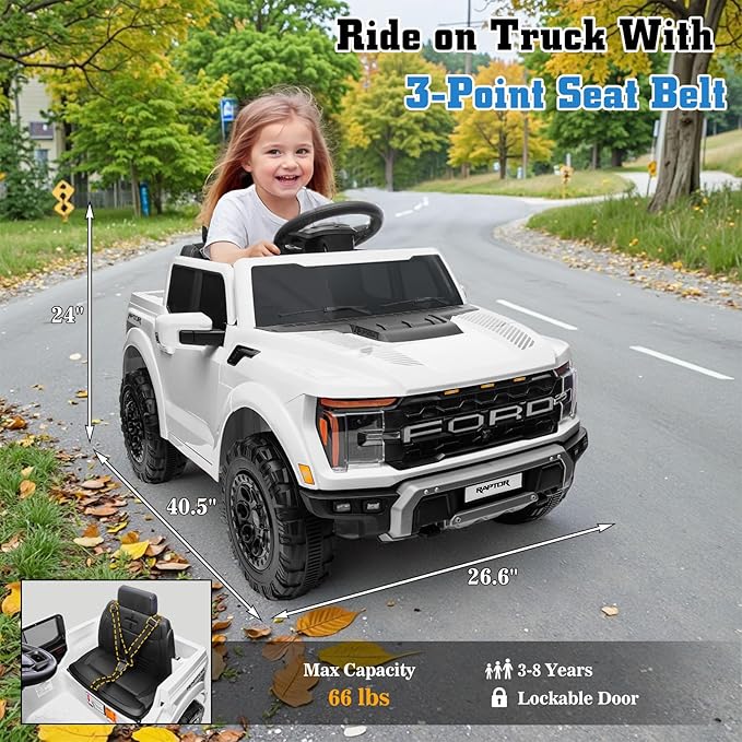 12V Ride on Car Licensed Ford F-150 Raptor, Kids Electric Car with Remote Control, LED Light/Music/MP3, Truck Bed Storage, 3-Point Seat Belt (12V, White)-BubblyBeeBaby