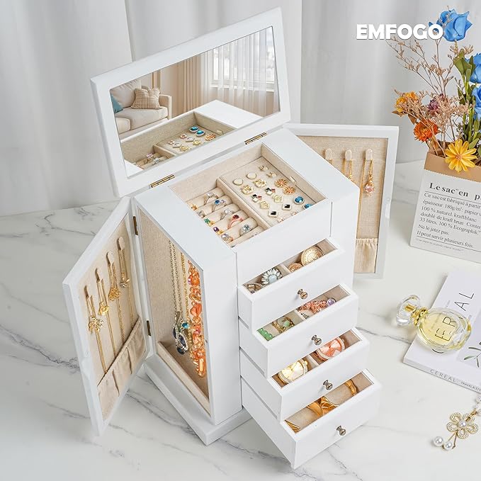Jewelry Box for Women, 5 Layer Large Wood Jewelry Boxes & Organizers for Necklaces Earrings Rings Bracelets, Rustic Jewelry Organizer Box with Drawers and Mirror (Vintage White)-BubblyBeeBaby