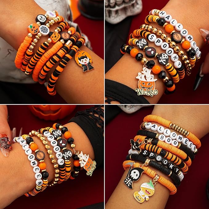 2088pcs Halloween Polymer Clay Beads Bracelet Making kit, 24 Style Cute Fun Beads Skull Pumpkin Beads Charms for Jewelry Necklace Earring Making DIY Accessories for Women Girls-BubblyBeeBaby