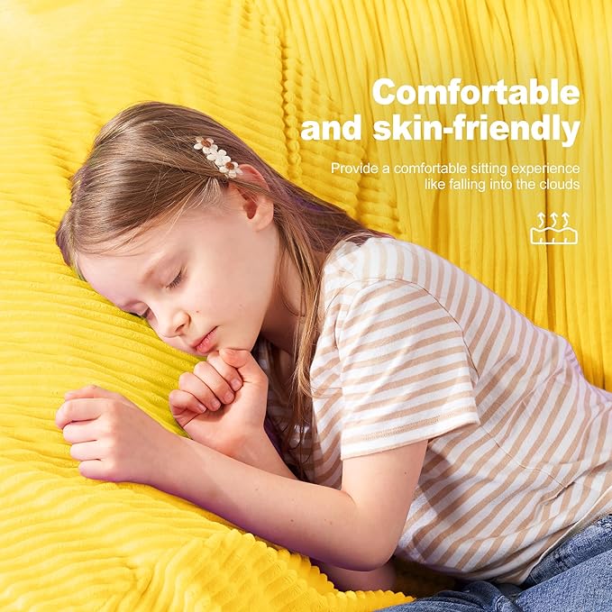 Homguava 3.5FT Bean Bag Chair: Teardrop Bean Bags with Memory Foam Filled, Compact Beanbag Chairs Soft Sofa with Corduroy Cover (Yellow)-BubblyBeeBaby