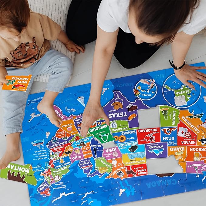 Jumbo Floor Puzzle for Kids,USA Map Puzzle Jigsaw Geography Puzzles,70 Piece US Map 50 States with Capitals,United States Puzzle for Ages 3-5,Preschool Learning Toys Gift for 4-8 Years Old-BubblyBeeBaby