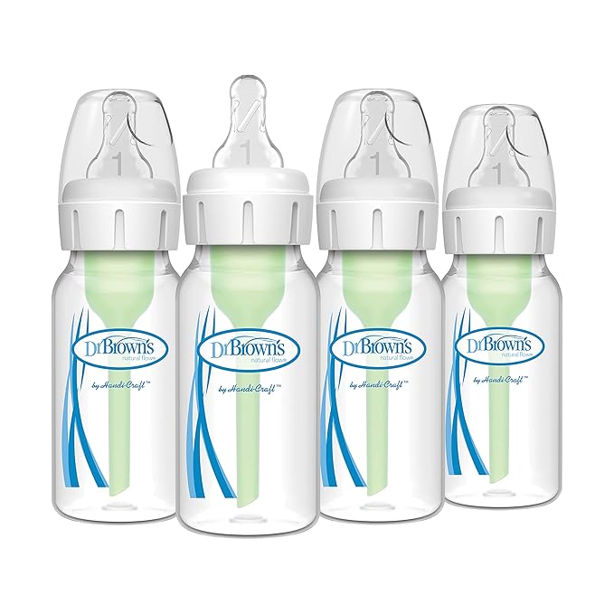 Dr. Brown's Natural Flow Anti-Colic Options+ Narrow Baby Bottle, 4 oz/120 mL, with Level 1 Slow Flow Nipple, 0m+, 4 Bottles-BubblyBeeBaby