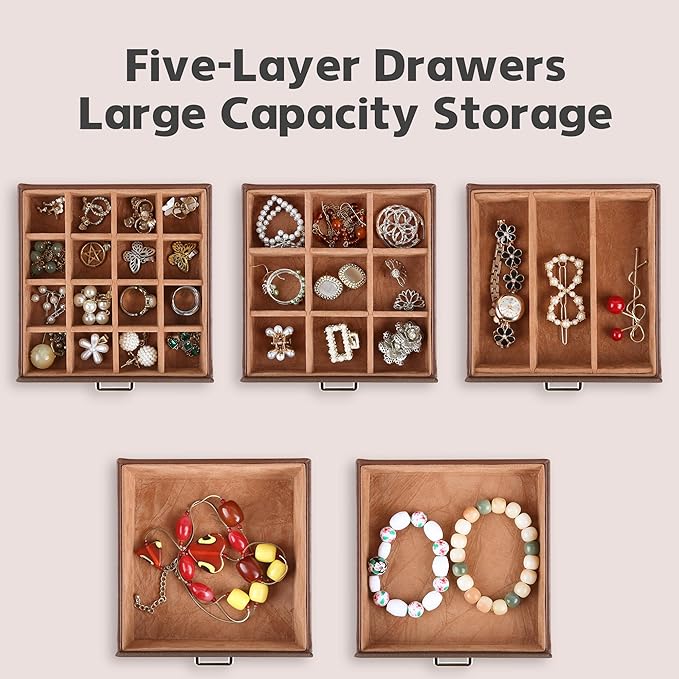 Kendal Jewelry Box, 6-Layer Jewelry Storage Organizer for Necklace Bracelet Rings Watch, 10.2"x8.2"x6" Classic Brown PU Leather 5 Drawers Large Storage Capacity with Mirror-BubblyBeeBaby
