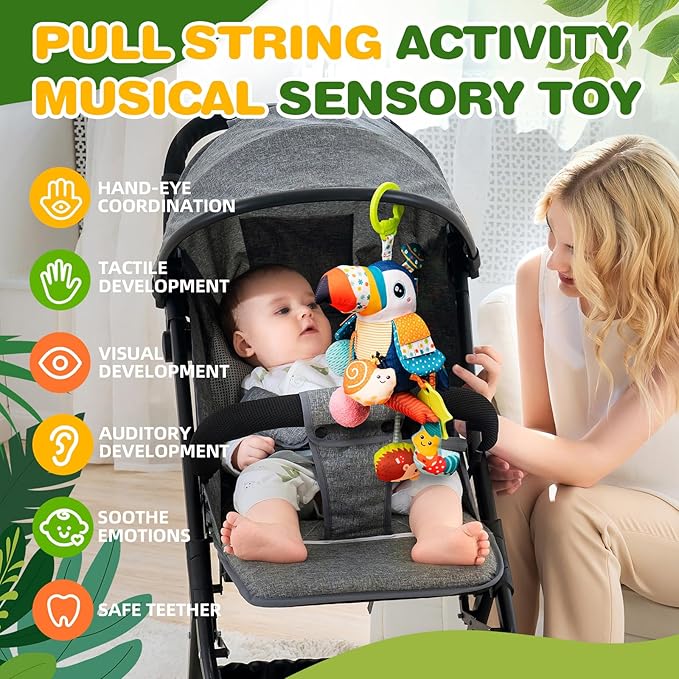 Jollybaby Musical Activity Pull String Hanging Toy for Baby Stroller Car Seat Crib Play Gym, Plush Stuffed Toucan Toy for Carseat with Music Teether Rattles, Sensory Toy for Baby Gift-BubblyBeeBaby